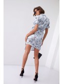 Floral print wrap dress with a collar, blue FG638 - Online store - Boutique